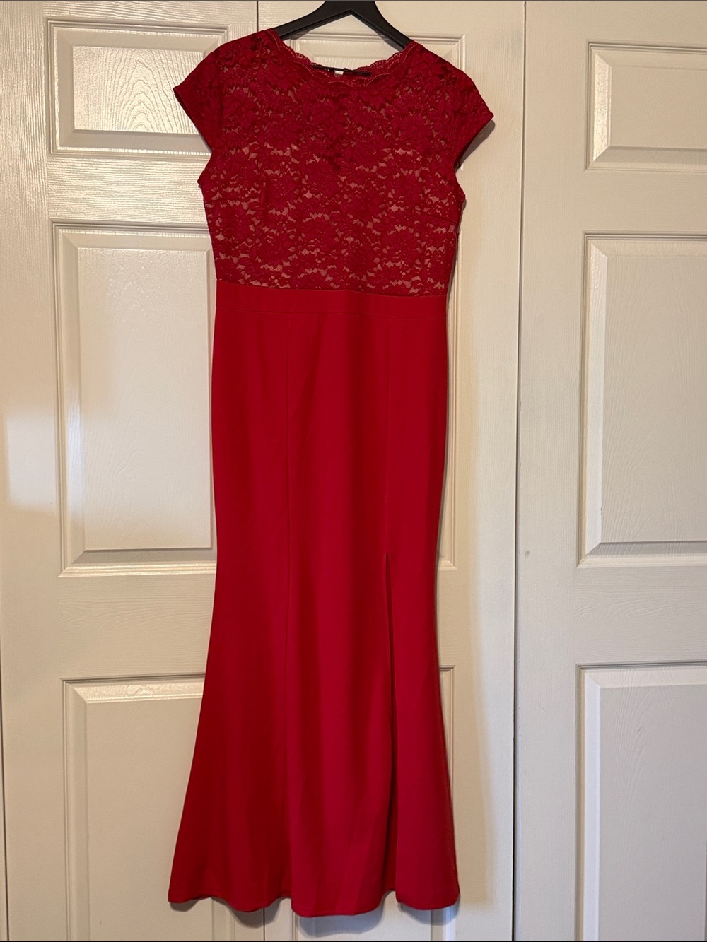 Red Lace-Top Maxi Dress with Cap Sleeves